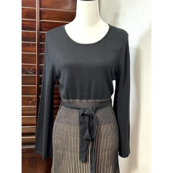 Spense Womens A Line Dress Black Tan Pleated Belted Scoop Neck Long Sleeve S - Picture 2 of 7